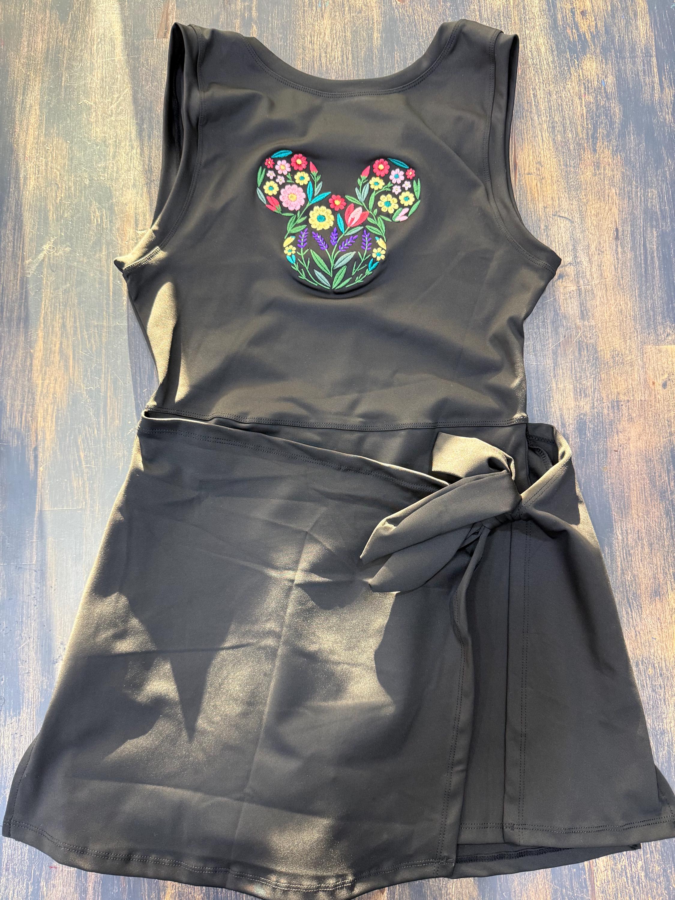 Disney Garden Flower Mickey Tennis Dress, Embroidered Disney Outfit For Women Flower and Garden Athletic Dress Black Dress