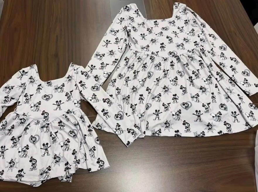Disney Steamboat Willie Mickey Black Bow long Sleeve Athletic Dress, Shorts Pull Down in the back, Women and Girls Sizes. 1923