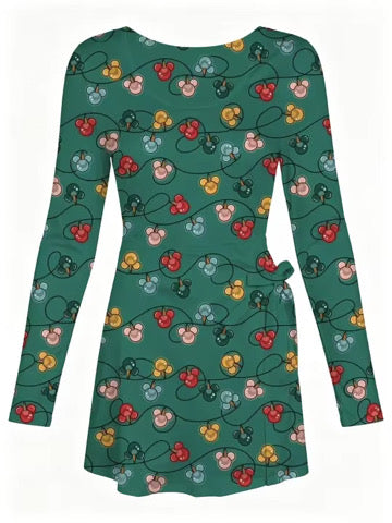 LONG SLEEVE Christmas Lights Wrap Dress Girls and Women with Hair Bow