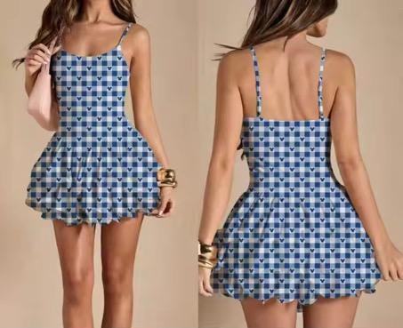 1-Ready to Ship Blue Ginham Short Flowy Athletic Tennis Dress,  Women and Girls Sizes (Copy)