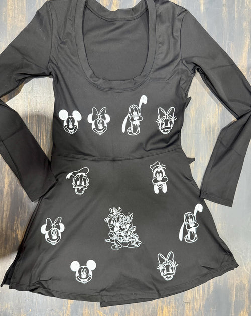 Black Longsleeve white mickey and friends Disney Tennis Dress, Disney Outfit For Women, Mickey dress long sleeve