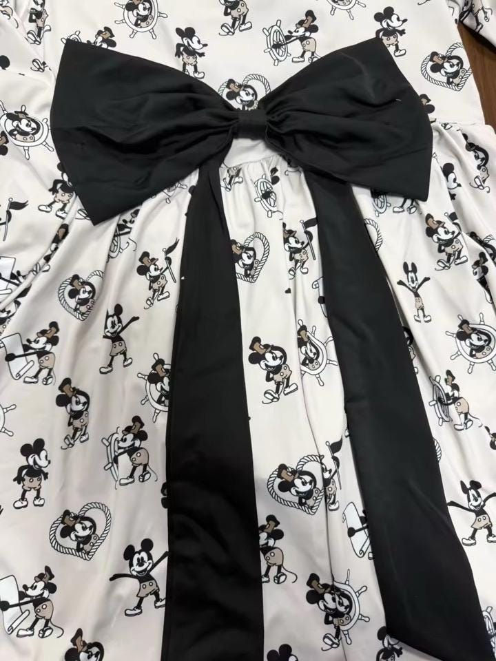 Disney Steamboat Willie Mickey Black Bow long Sleeve Athletic Dress, Shorts Pull Down in the back, Women and Girls Sizes. 1923