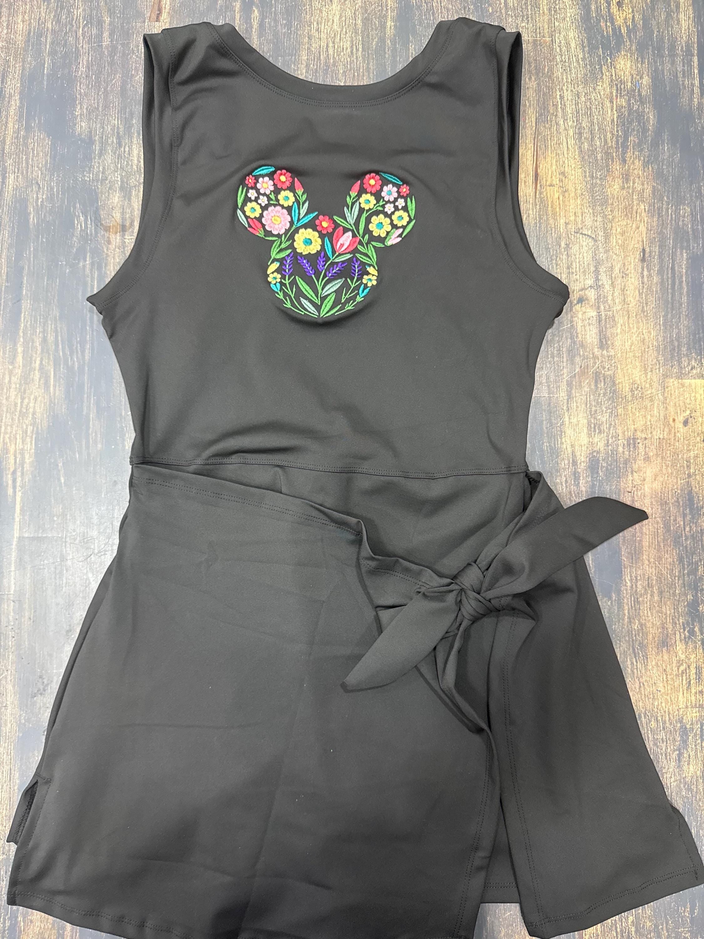 Disney Garden Flower Mickey Tennis Dress, Embroidered Disney Outfit For Women Flower and Garden Athletic Dress Black Dress