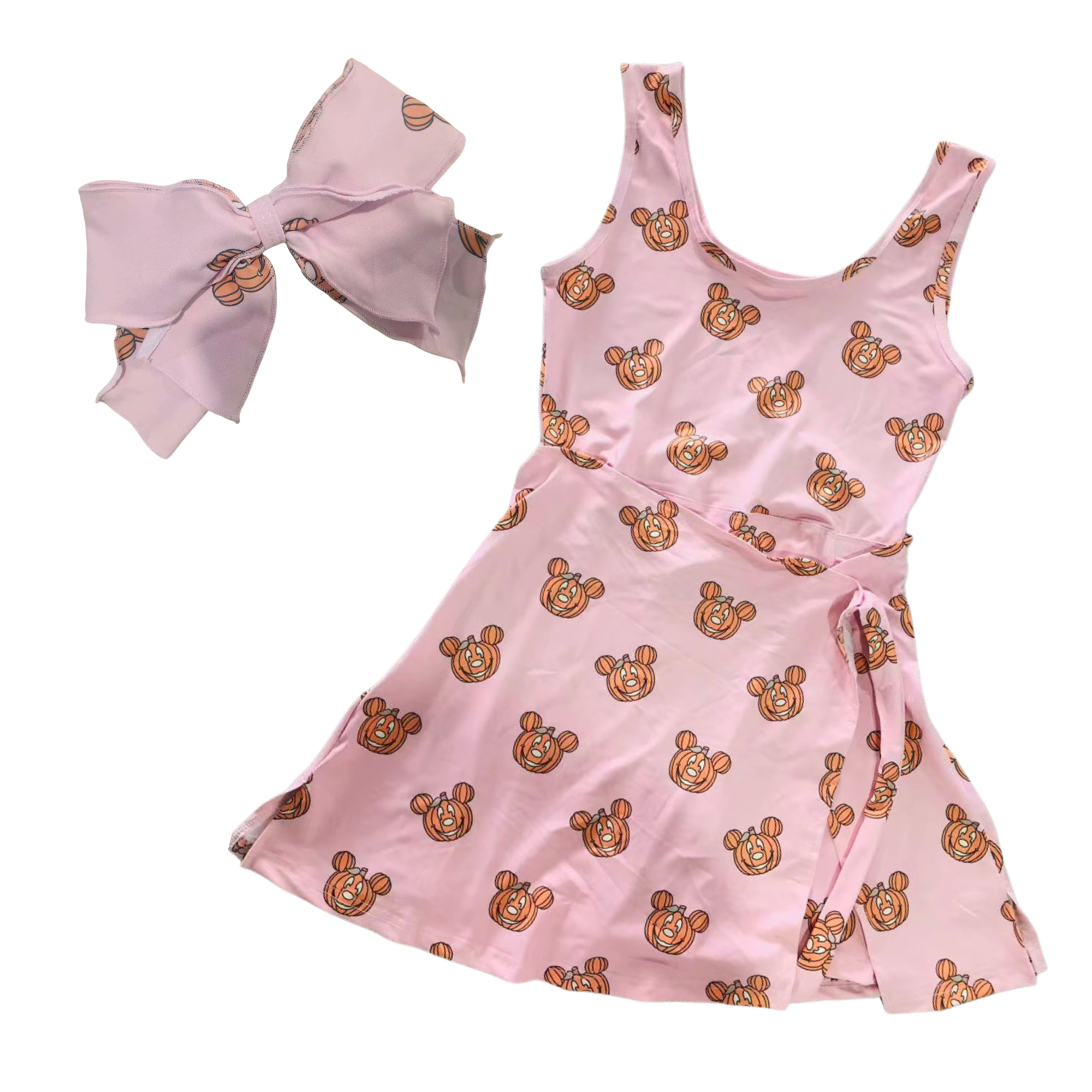 Pink Pumkin Wrap Dress Girls and Women with Hair Bow