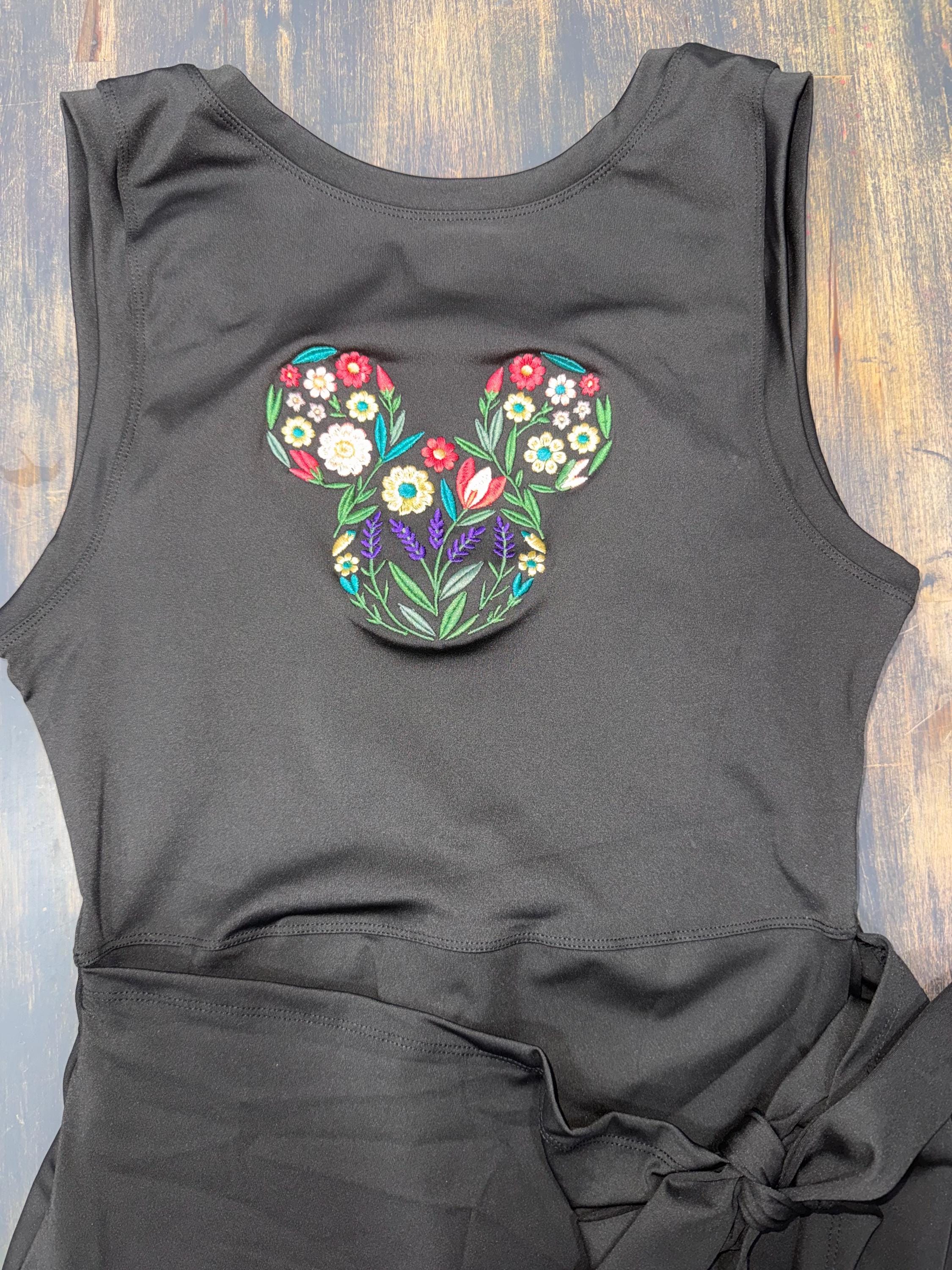 Disney Garden Flower Mickey Tennis Dress, Embroidered Disney Outfit For Women Flower and Garden Athletic Dress Black Dress