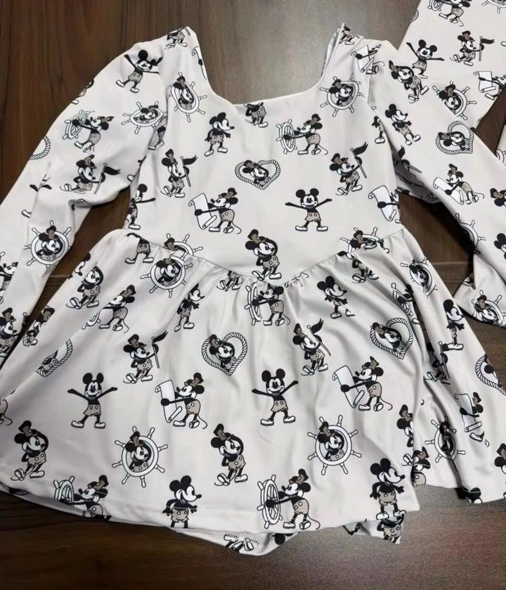 Disney Steamboat Willie Mickey Black Bow long Sleeve Athletic Dress, Shorts Pull Down in the back, Women and Girls Sizes. 1923