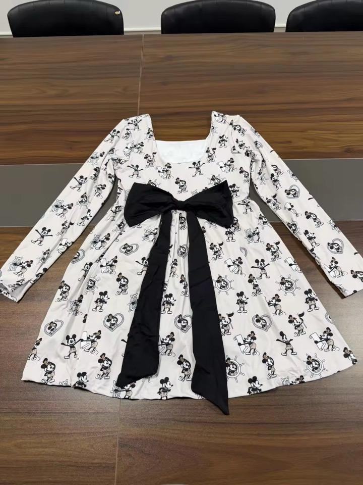 Disney Steamboat Willie Mickey Black Bow long Sleeve Athletic Dress, Shorts Pull Down in the back, Women and Girls Sizes. 1923